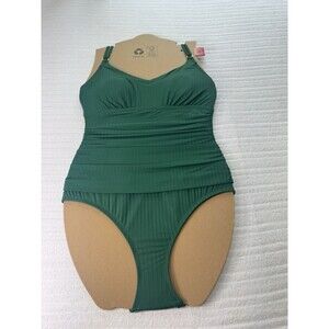 Ellen Tracy Women’s One-Piece Swimsuit Green Ribbed Ruched Size M/MM